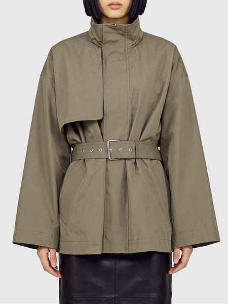 Frame Cropped Cotton Trench Coat with High Neck and Adjustable Waist Belt