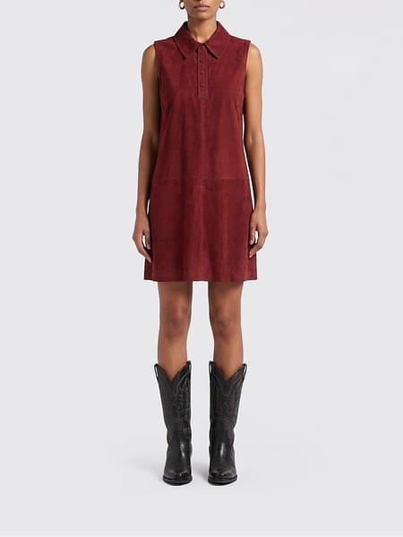 Frame Sleeveless Suede Mini Shirtdress with Classic Collar