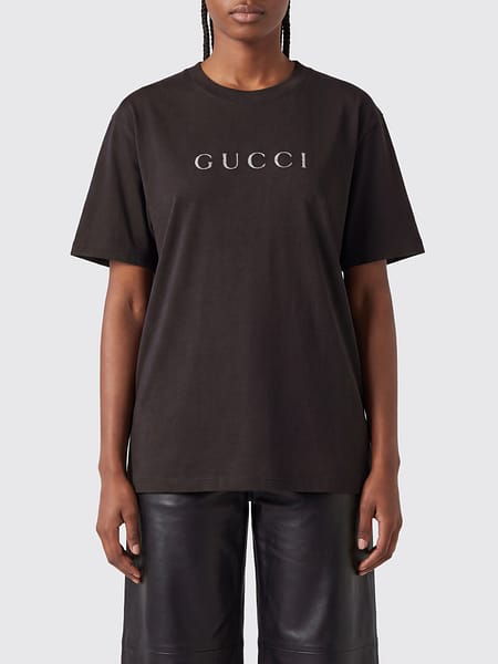 Crewneck Cotton T-Shirt Gucci with Contrasting Logo Print