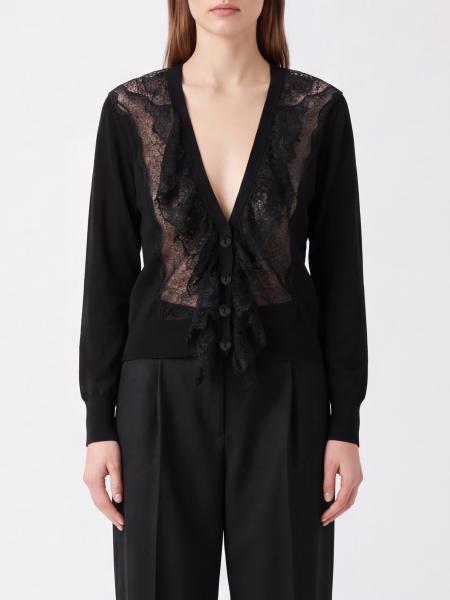 Blumarine Virgin Wool V-Neck Cardigan with Lace Inserts