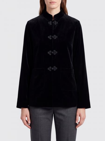 Cropped Cotton Velvet Jacket Rohe with Mandarin Collar and Frog Fasteners