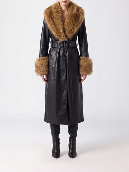 Long Faux Leather Robe Coat Stand Studio with Belt and Faux Fur Trims