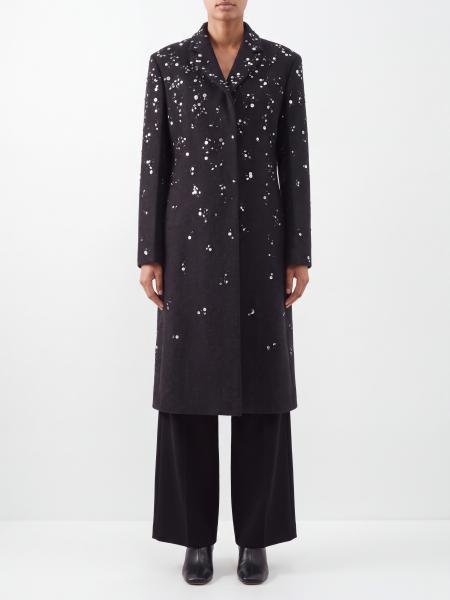 Long Wool Coat Jil Sander with Crystal and Sequin Embroidery
