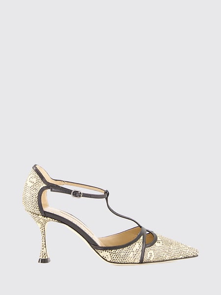 Manolo Blahnik Gish Python-Print Leather T-Strap Pumps with Mid Heel