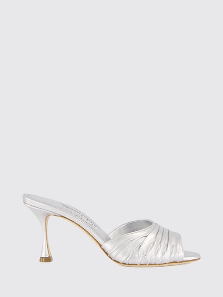 Manolo Blahnik Pirua Draped Laminated Leather Mules with Mid Heel