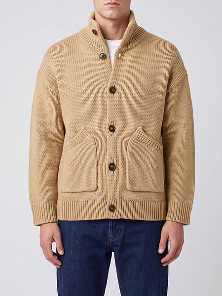100% Wool Turtleneck Cardigan Commas with Dropped Shoulders and Patch Pockets