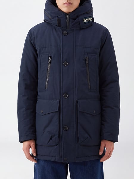 Woolrich 膝丈フード付きパーカ コットンブレンド ボタンクロージャー付き
