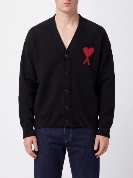 Ami Paris V-Neck Pure Wool Cardigan with Contrast Logo