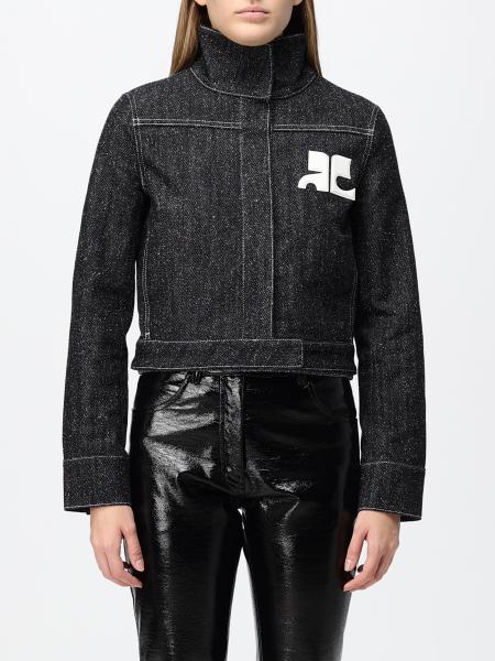 Courrèges Short Denim Jacket with Contrast Logo and Funnel Neck