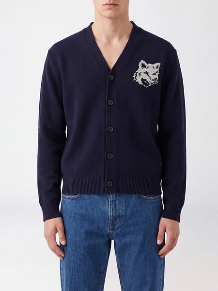 Maison Kitsuné Merino Wool V-Neck Cardigan with Chillax Fox Logo Patch