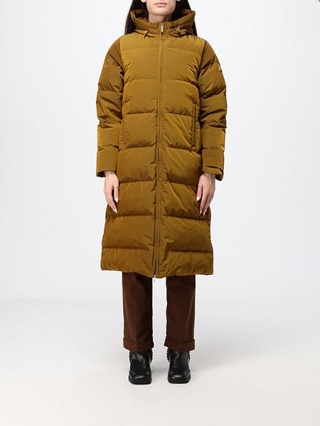 K-Way Long Quilted Down Jacket with Hood and Applied Logo