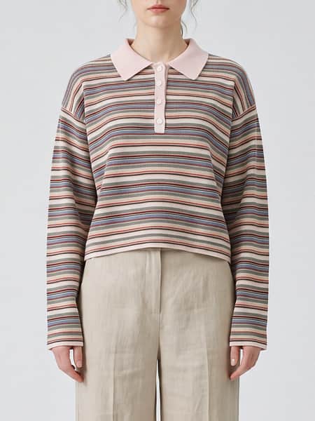 Striped Long-Sleeve Wool Knit Polo Shirt with Classic Collar by Frame