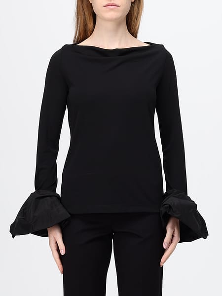 Meimeij Long-Sleeved Blouse with Draped Neckline and Flared Cuffs