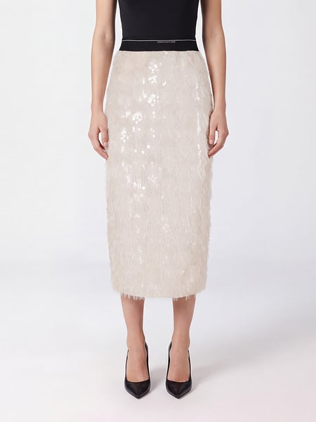 Semicouture Embellished Pencil Midi Skirt with Sequins and Fringes
