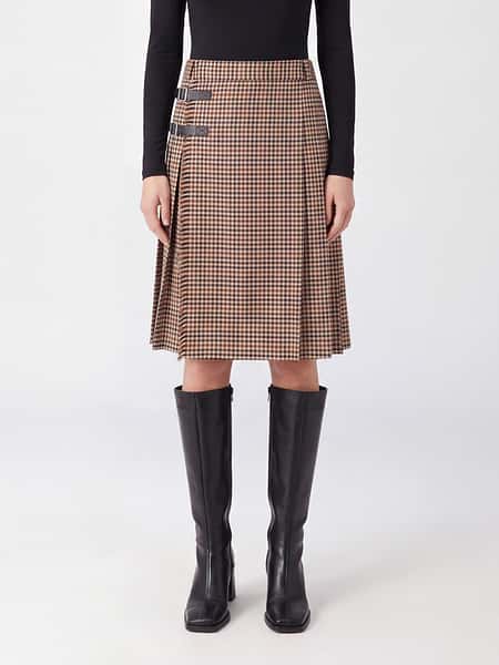 Herskind High-Waisted Check Wool Pleated Wrap Mini Skirt with Buckle