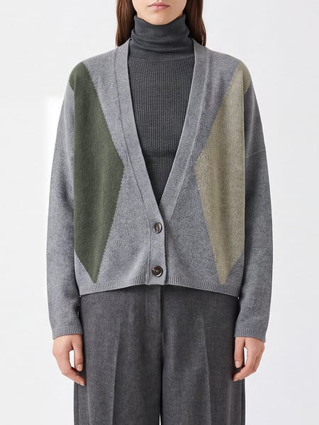 Alysi Relaxed Fit Argyle Wool Blend Cardigan with V-Neck