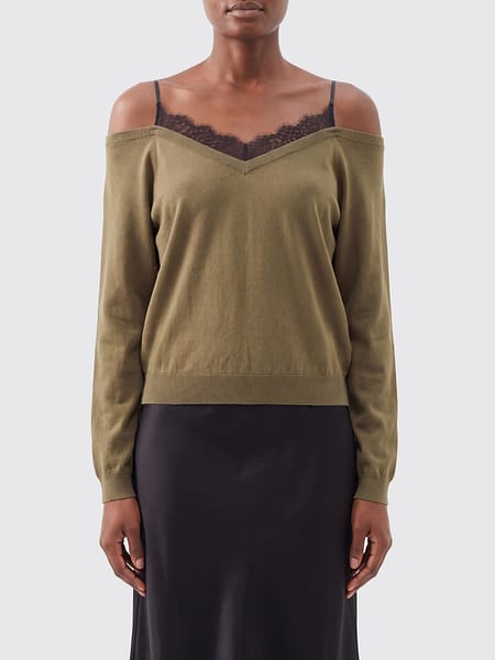 Iro V-Neck Cotton and Silk Knit Top with Lace Inserts and a Slim Fit