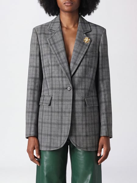 Single-Breasted Tartan Blazer Tela in 100% Wool with Brooch