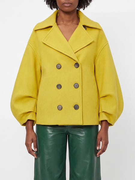 Tela Short Double-Breasted Virgin Wool Coat with Balloon Sleeves