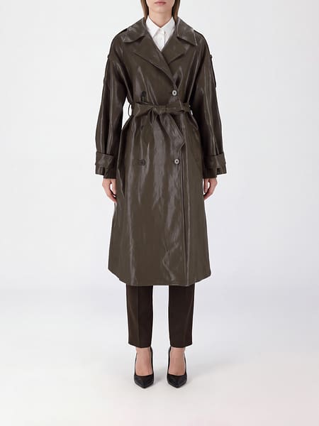 Eleh Double-Breasted Faux Leather Long Trench Coat with Belt