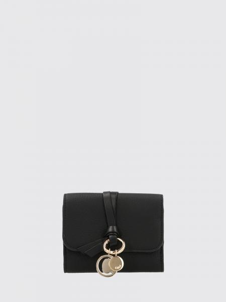 CHLOÉ ブラックカーフスキンレザー ロゴチャーム付き三つ折りウォレット