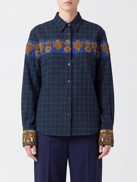 Dries Van Noten Check Cotton Shirt with Bead Embroidery and Classic Collar