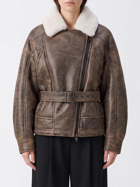Double-Breasted Short Shearling Jacket Blancha with Zip Closure and Belt