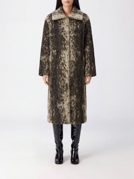 Long Alpaca Wool Coat Nude with an Abstract Pattern and a Classic Collar