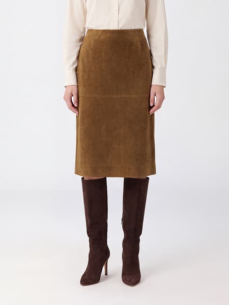 Jil Sander Suede Leather High-Waisted Pencil Midi Skirt with Back Slit