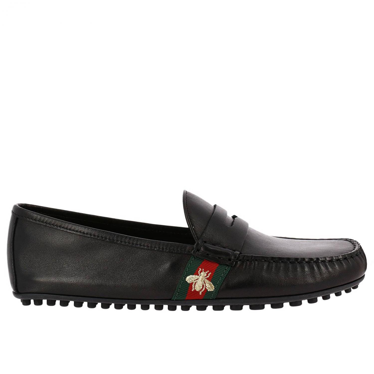 GUCCI Mocassino Kanye driver in vera pelle con fasce Web e ricamo Ape Nero Mocassini Gucci 407635 BTRE0 online su GIGLIO.COM