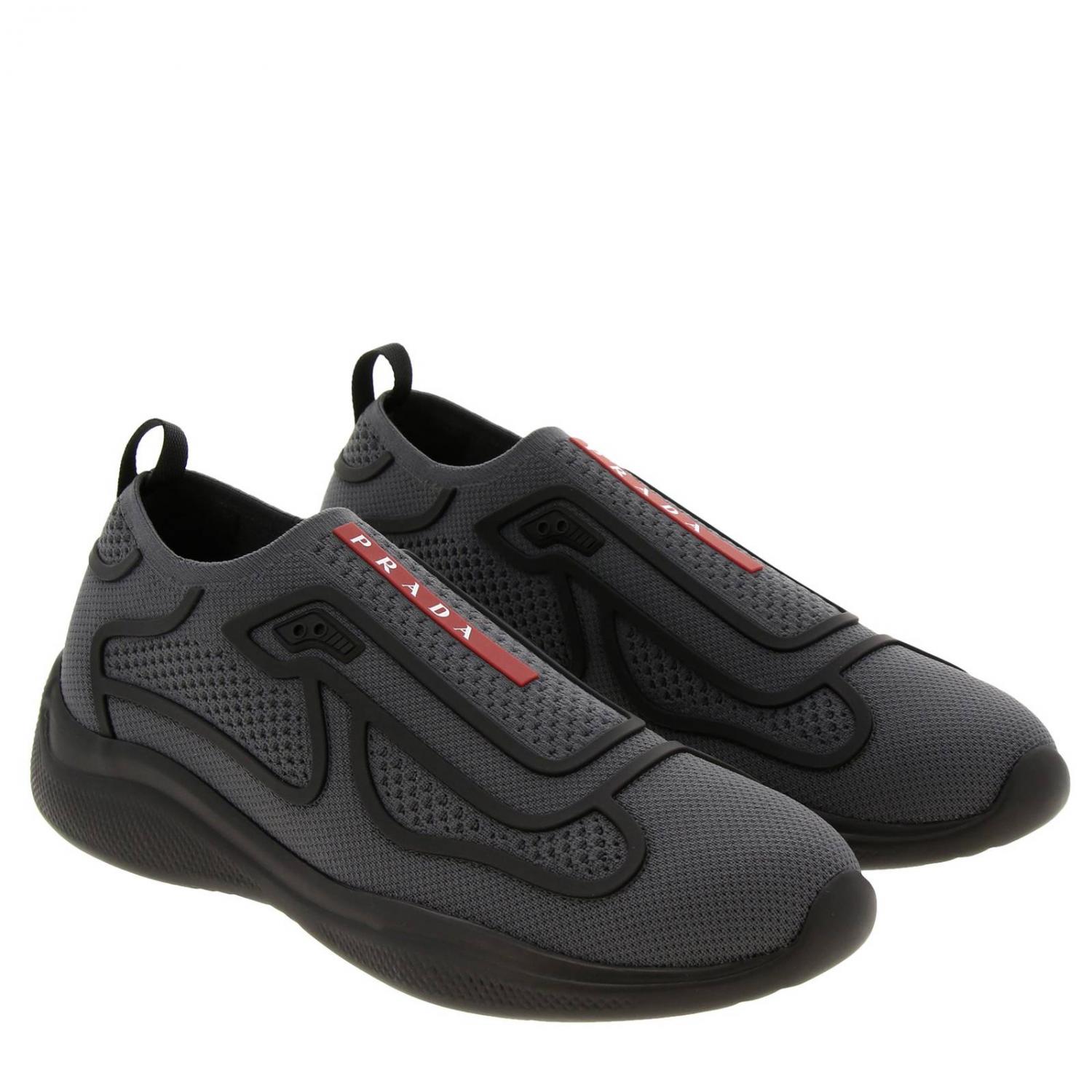 PRADA BASKETS: Baskets America's Cup slip on en filet technique avec logo Prada, Gris - Img 2