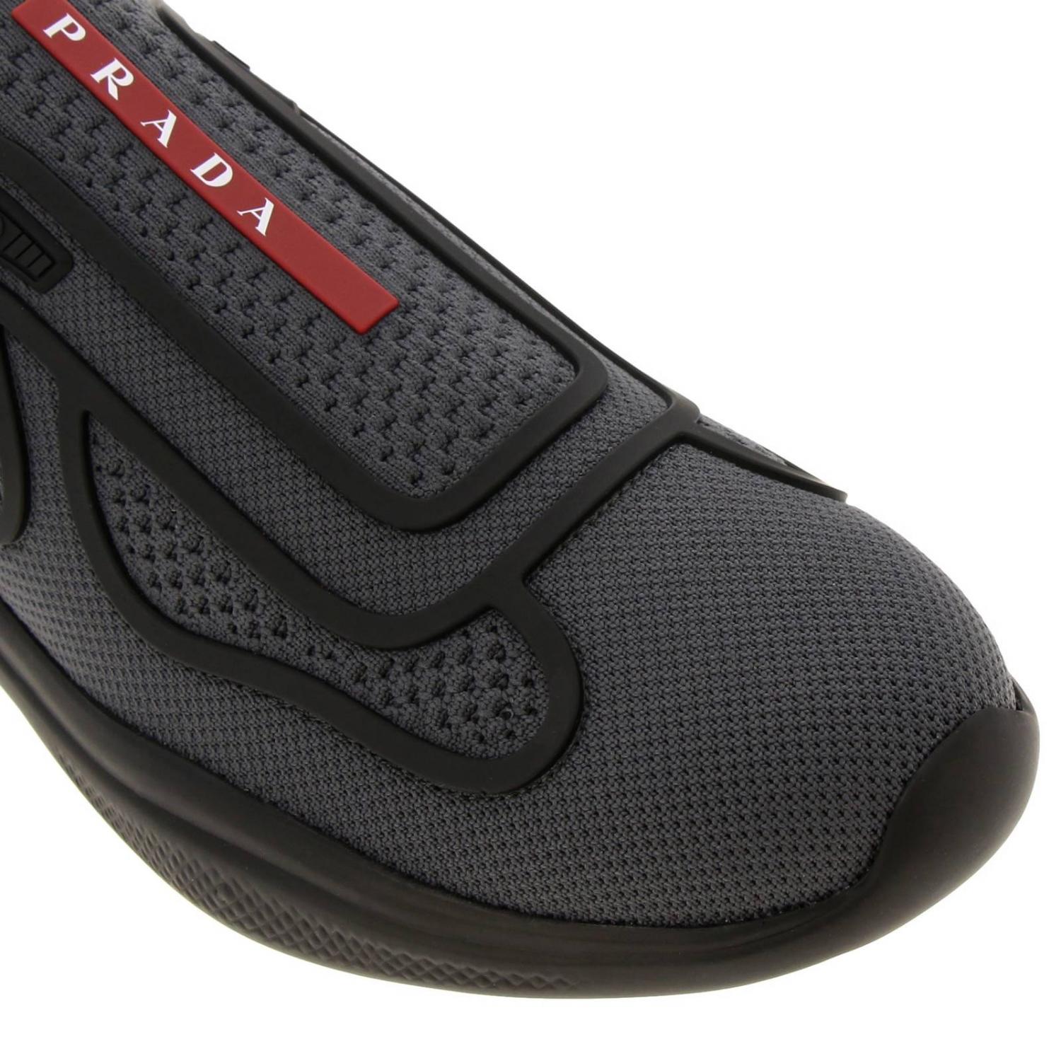 PRADA BASKETS: Baskets America's Cup slip on en filet technique avec logo Prada, Gris - Img 3