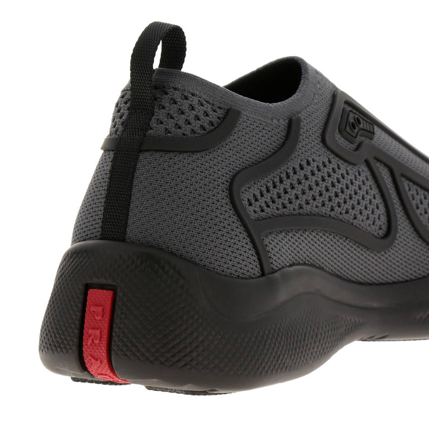 PRADA BASKETS: Baskets America's Cup slip on en filet technique avec logo Prada, Gris - Img 4