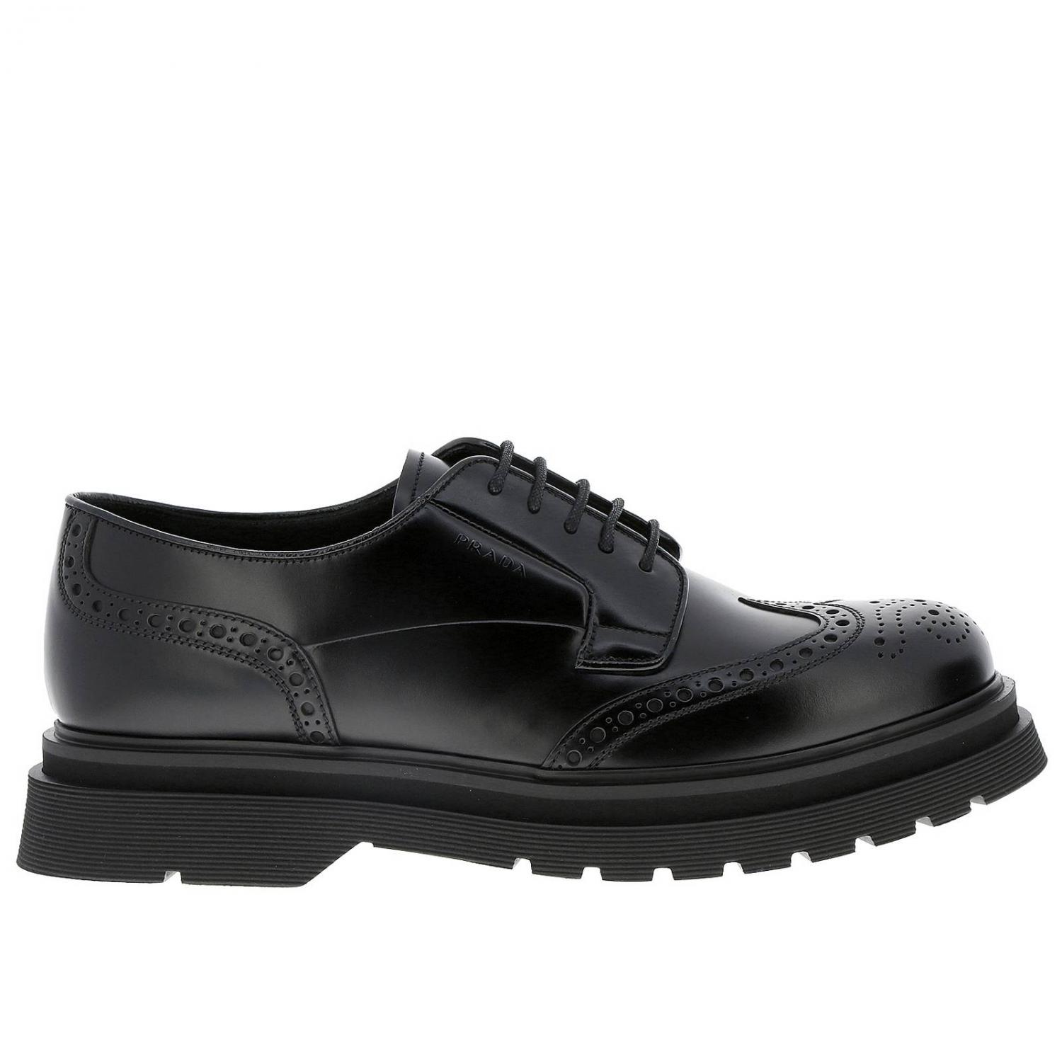 PRADA SCHNÜRSCHUHE: Prada Derby aus gebürstetem Leder mit Schwalbenschwanzmotiv, Schwarz - Img 1