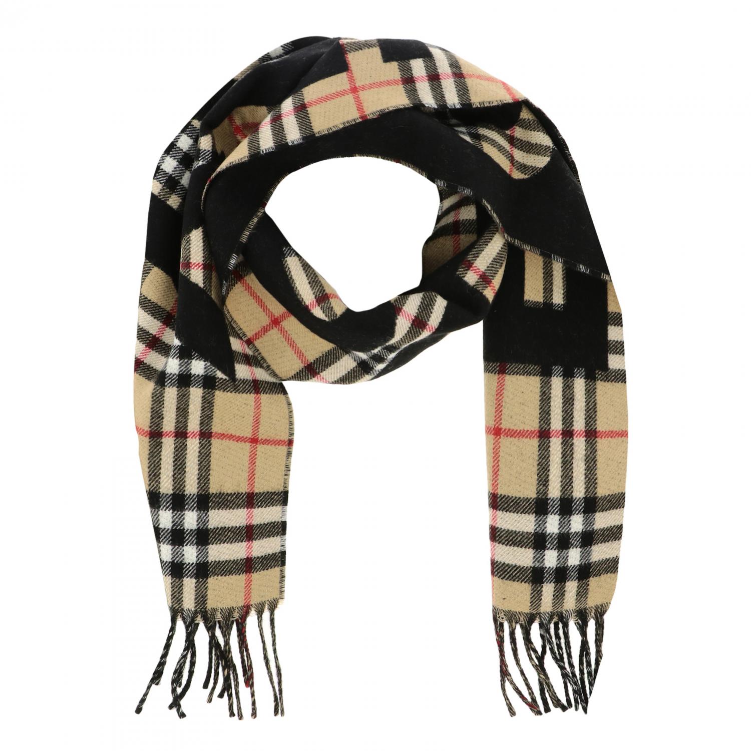 BURBERRY: check scarf in wool with maxi logo Beige Burberry