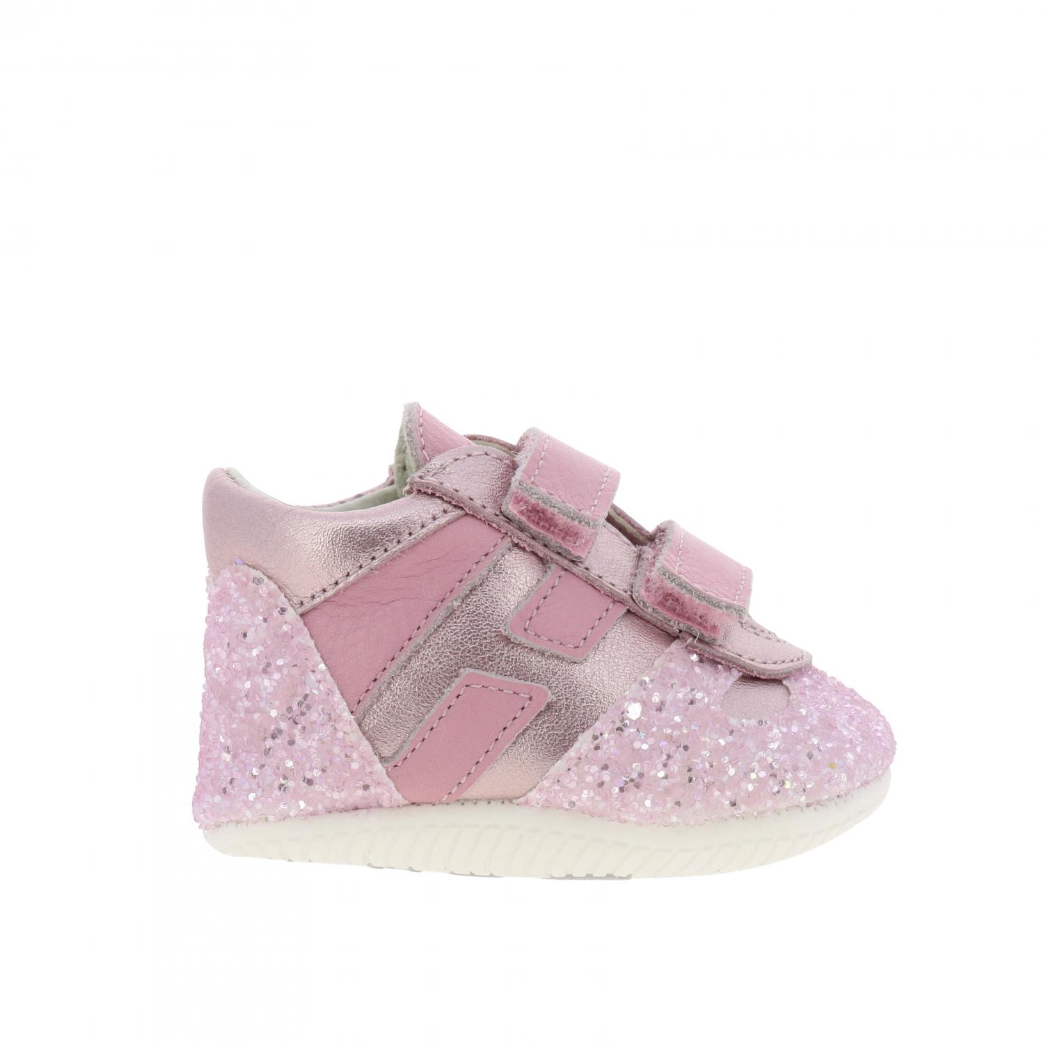 HOGAN SCHUHE: Olympia Hogan Turnschuhe aus laminiertem Leder und Glitzer mit Klettverschluss, Pink - Img 1
