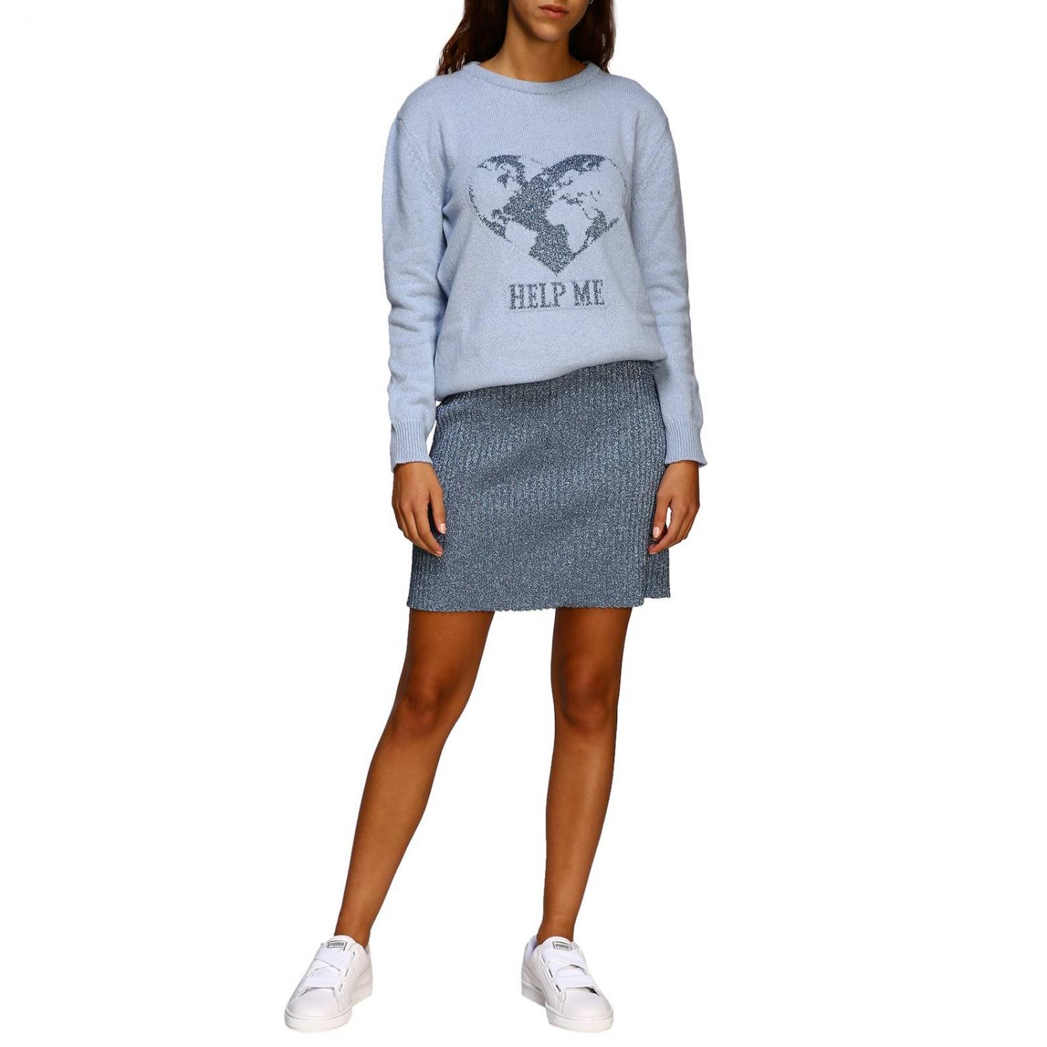 ALBERTA FERRETTI PULLOVER: Alberta Ferretti Pullover mit Rundhalsausschnitt und help me Lurex-Stickerei, Hellblau - Img 2