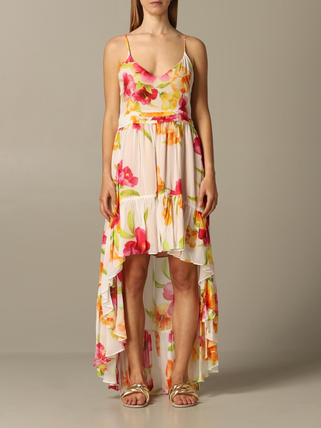 TWINSET DRESS: Long Twin-set dress with hibiscus print, White - Img 1