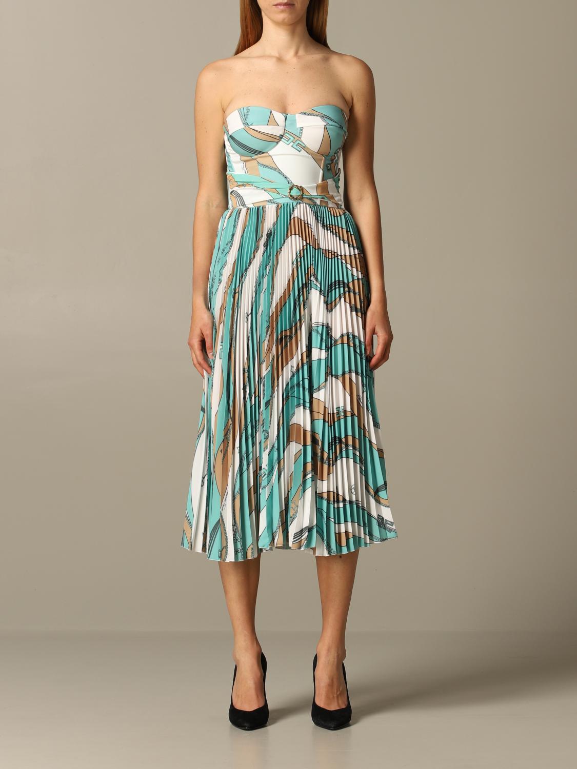Elisabetta Franchi dress with chain print and pleated skirt - Water