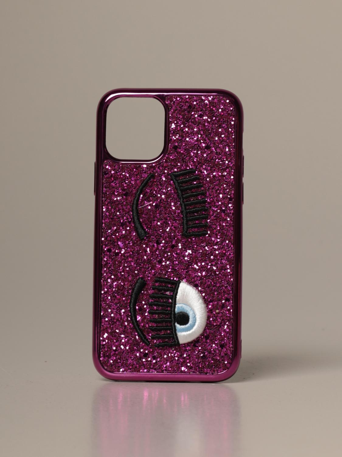 CHIARA FERRAGNI TECH ACCESSORIES: Iphone 11 Chiara Ferragni glitter cover with eyes flirting embroidery, Fuchsia - Img 1