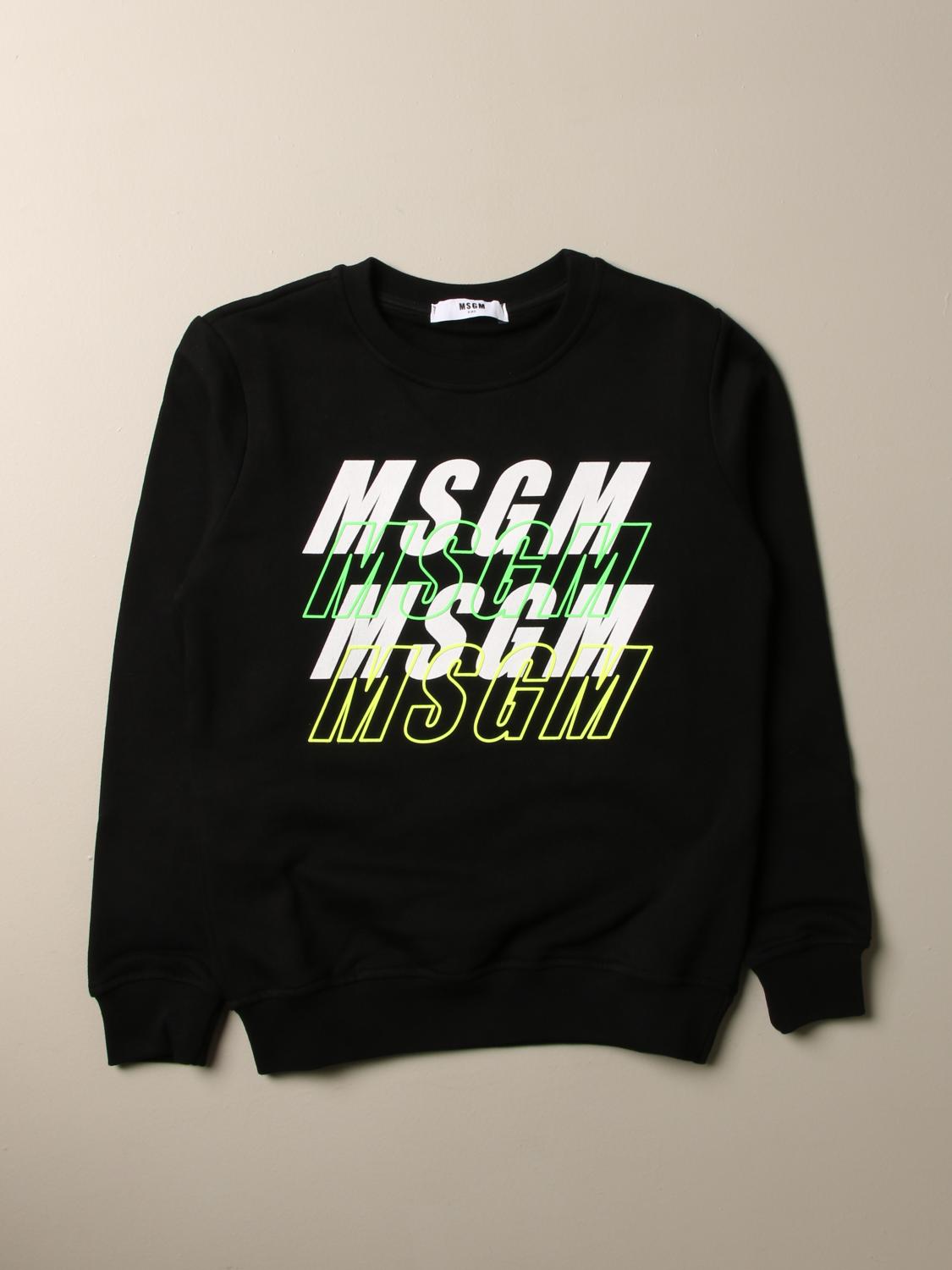 MSGM KIDS SWEATER: MSGM Kids cotton sweatshirt with several logos, Black - Img 1