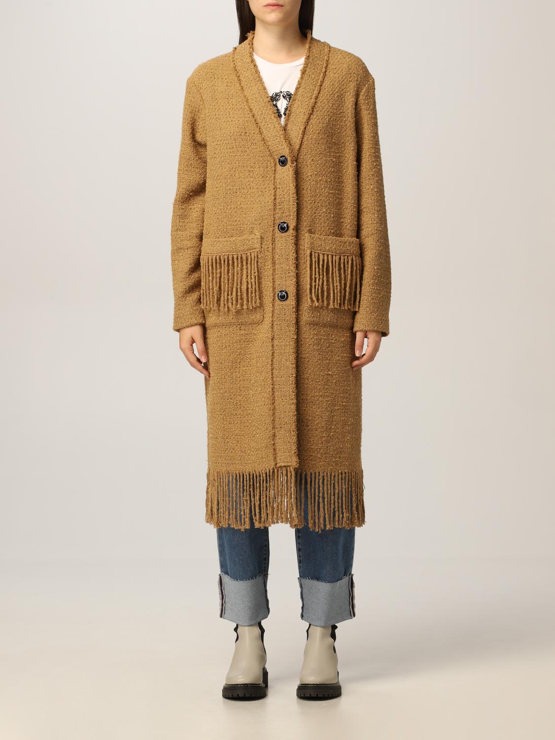 PINKO: coat in tweed with fringes Beige Pinko coat 1G16HL 8580