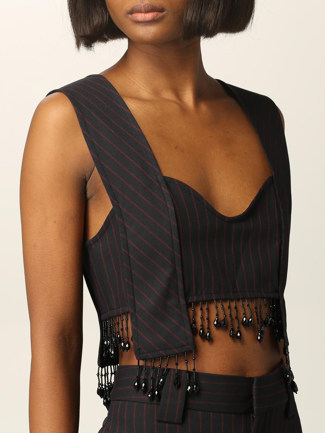 GANNI: pinstripe cropped top with beads - Blue | Ganni top
