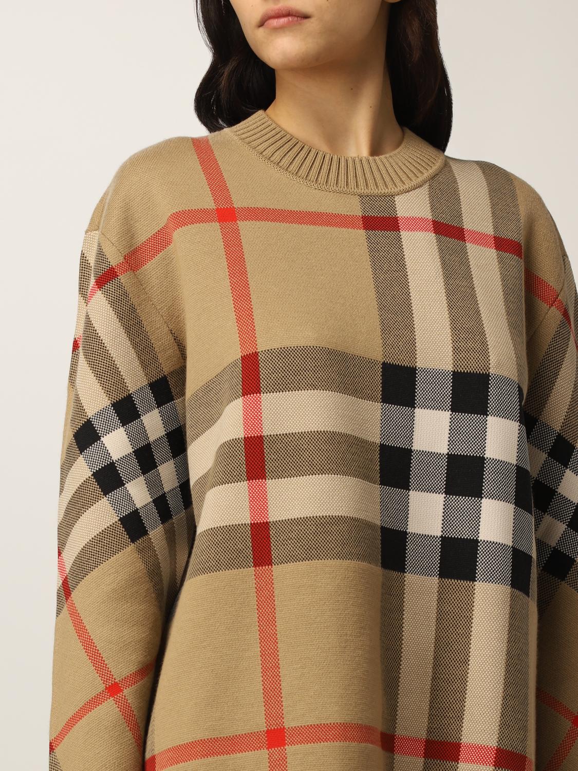 BURBERRY: technical wool sweater with jacquard tartan Beige