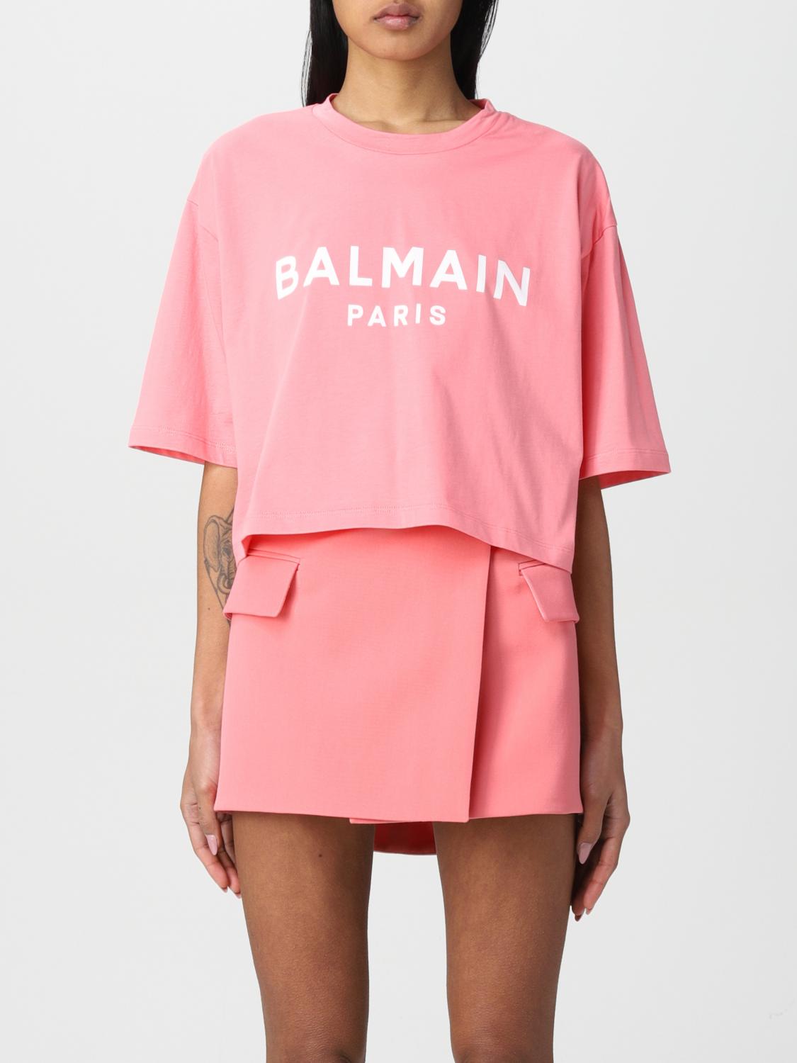 Tシャツ・カットソー BALMAIN Woman T-Shirt Pink BF1EE020BB02 OHV T-shirt with Balmain Paris print pink pink - Women | BALMAIN