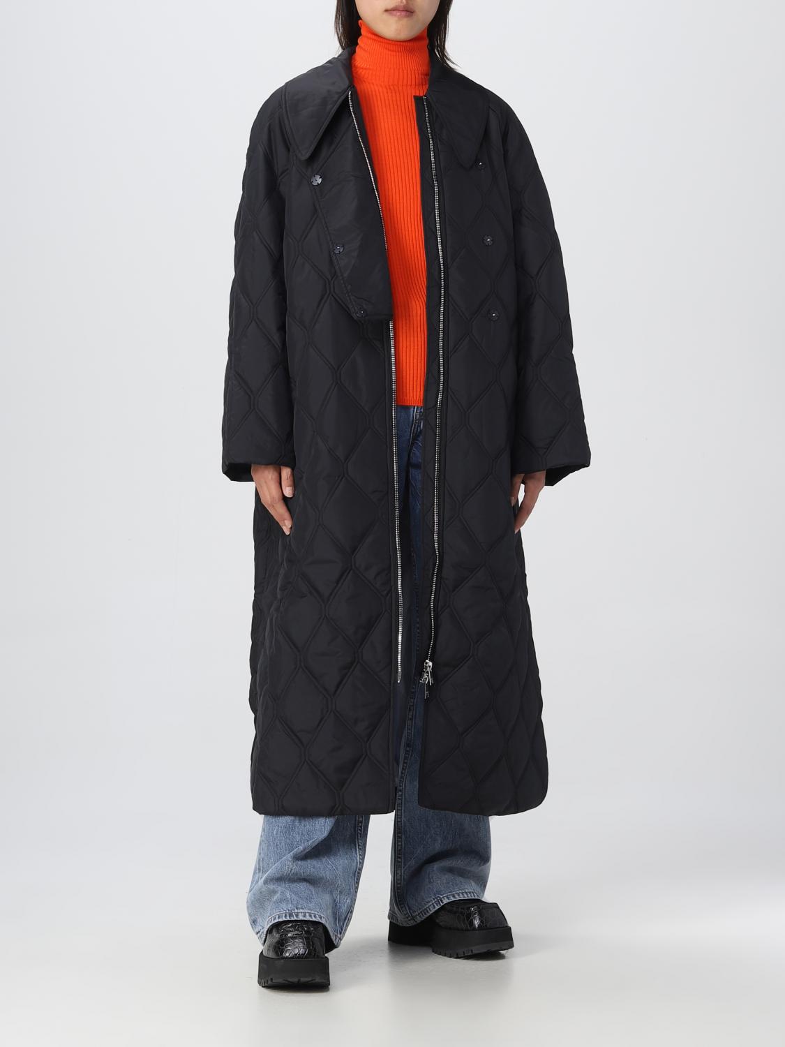 GANNI: long quilted down jacket - Black | Ganni jacket F7327