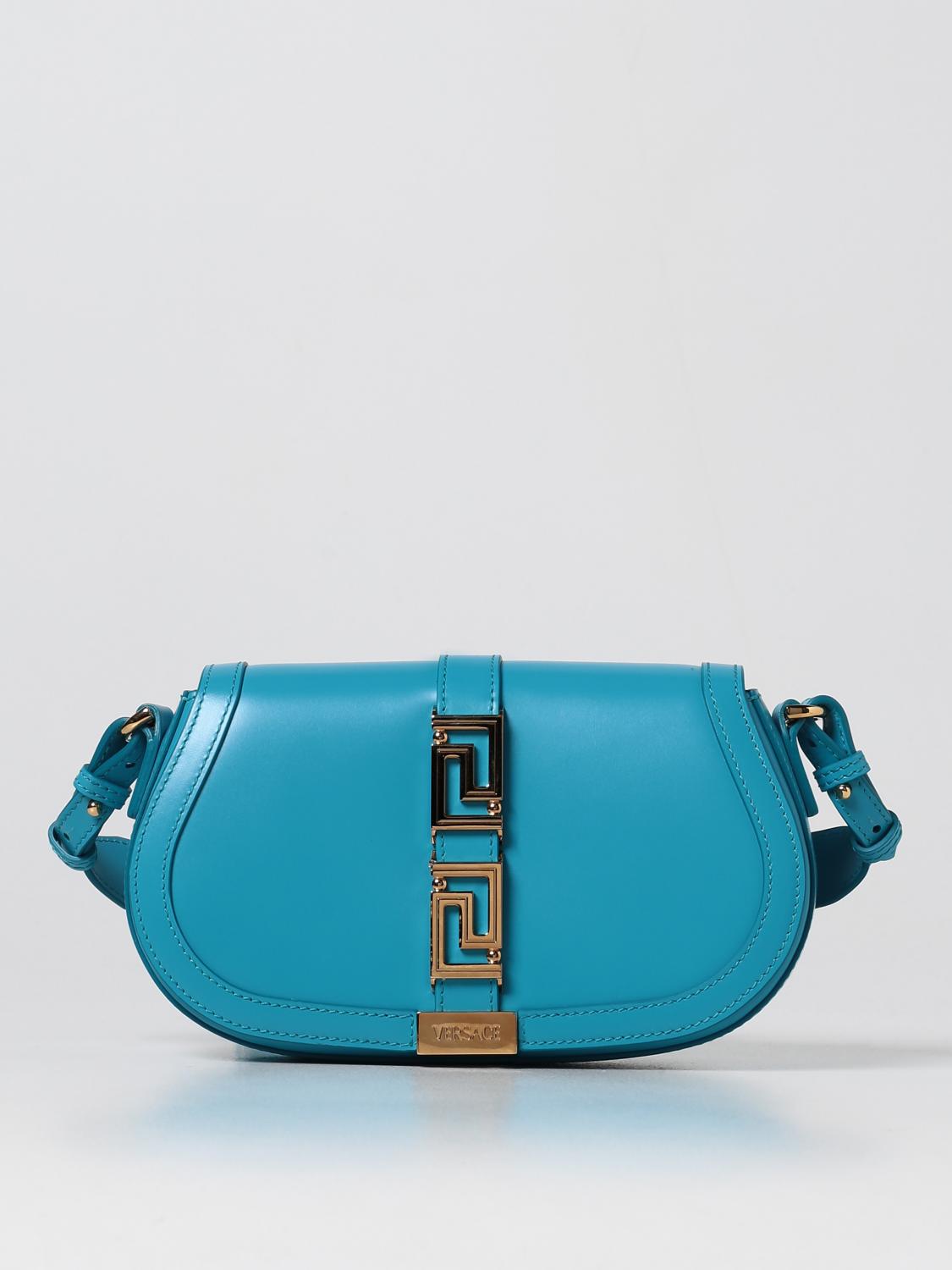 VERSACE BORSA A SPALLA: Borsa La Greca Versace in pelle, Azzurro - Img 1