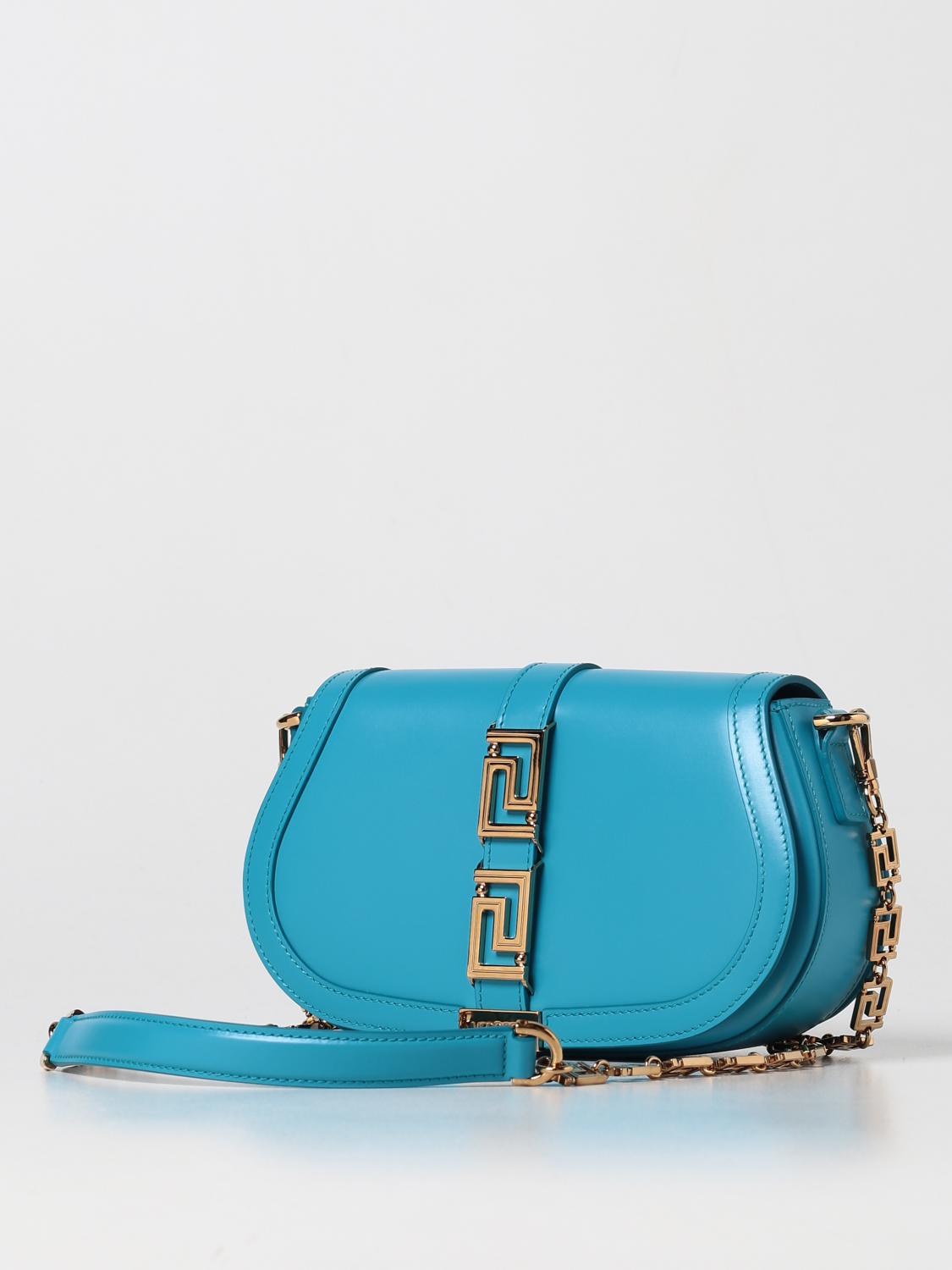 VERSACE BORSA A SPALLA: Borsa La Greca Versace in pelle, Azzurro - Img 3