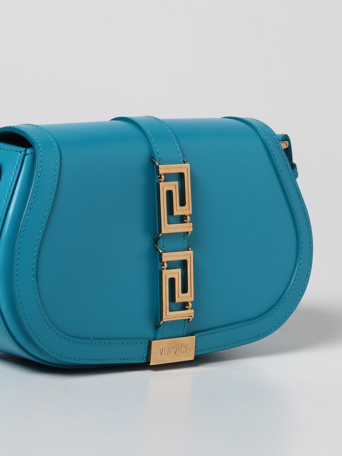 VERSACE BORSA A SPALLA: Borsa La Greca Versace in pelle, Azzurro - Img 4