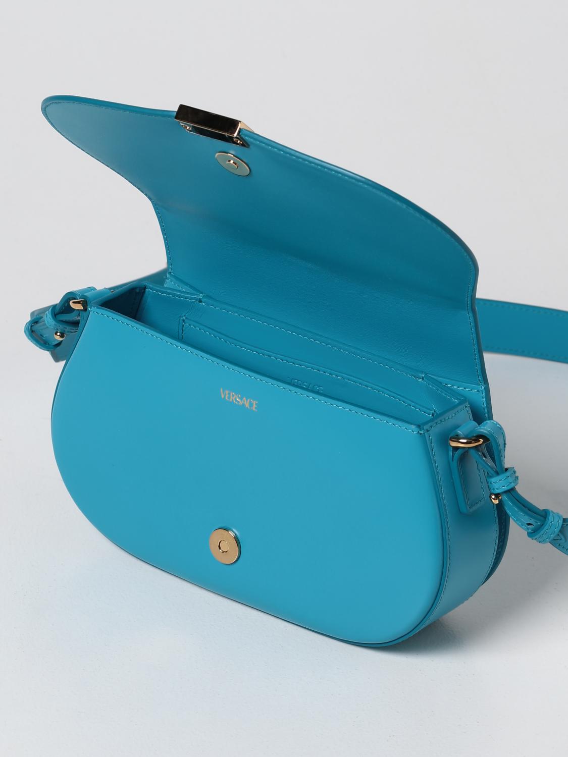 VERSACE BORSA A SPALLA: Borsa La Greca Versace in pelle, Azzurro - Img 5